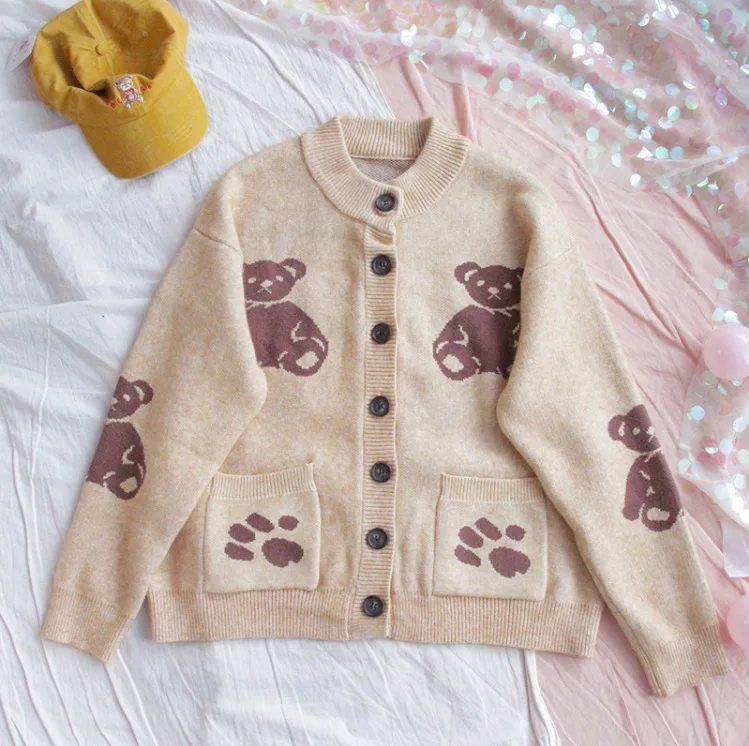 

Vintage Style Autumn Winter New Design Bear Jacquard Women Sweater Coat O Neck Single-breasted Cardigan Knitted Tops